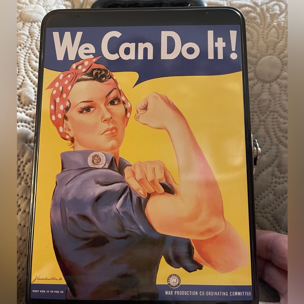 “We can do it” lunch box metal w/ latch closure never used NWOT postcard inside